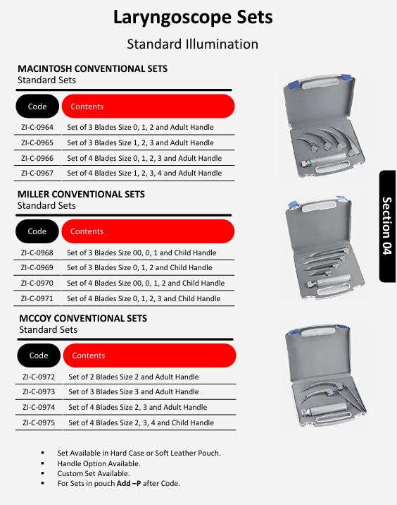 Conventional MAC & MILLER LARYNGOSCOPE SETS (Different Types)